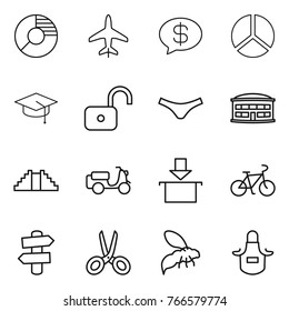 Thin line icon set : circle diagram, plane, money message, graduate hat, unlock, underpants, airport building, pyramid, scooter shipping, package, bike, signpost, scissors, wasp, apron