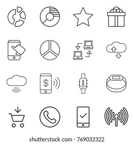 Thin line icon set : circle diagram, star, gift, touch, notebook connect, cloude service, cloud wireless, phone pay, smart watch, bracelet, add to cart, mobile checking