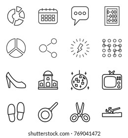 Thin line icon set : circle diagram, calendar, message, abacus, molecule, lightning, chip, shoes, mansion, disco ball, tv, slippers, pan, scissors, soil cutter