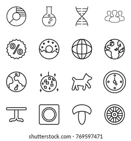 Thin line icon set : circle diagram, round flask, dna, group, percent, donut, globe, earth, disco ball, dog, watch, table, ring button, mushroom, wheel