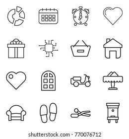 Thin line icon set : circle diagram, calendar, alarm clock, heart, gift, chip, remove from basket, home, arch window, scooter shipping, restaurant, armchair, slippers, scissors, hive