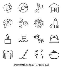 Thin line icon set : circle diagram, courier, warehouse, brain, satellite, sun power, passenger, baggage, pool, pets, kettle, pancakes, rake, jug, tomato