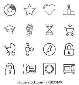 Thin line icon set : circle diagram, star, heart, pedestal, graduate hat, bulb, dna, add to cart, baby stroller, satellite, electricity, locked, unlocked, intercome, ring button, microwave oven