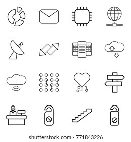 Thin line icon set : circle diagram, mail, chip, globe connect, satellite antenna, up down arrow, server, cloude service, cloud wireless, cardio, singlepost, reception, do not distrub, stairs