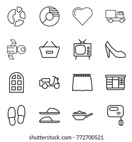 Thin line icon set : circle diagram, heart, truck, satellite, remove from basket, tv, shoes, arch window, scooter shipping, curtain, wardrobe, slippers, pan, mixer