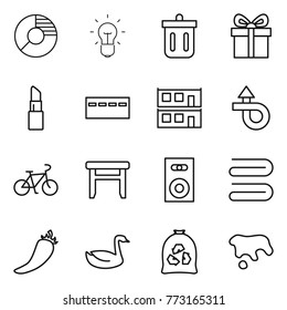 Thin line icon set : circle diagram, bulb, bin, gift, lipstick, bunker, modular house, trip, bike, stool, speaker, towel, hot pepper, goose, garbage bag, spot