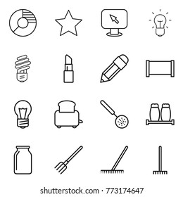 Thin line icon set : circle diagram, star, monitor arrow, bulb, lipstick, pencil, fence, toaster, skimmer, salt pepper, bank, fork, rake