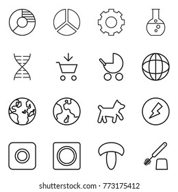 Thin line icon set : circle diagram, gear, round flask, dna, add to cart, baby stroller, globe, earth, dog, electricity, ring button, mushroom, toilet brush