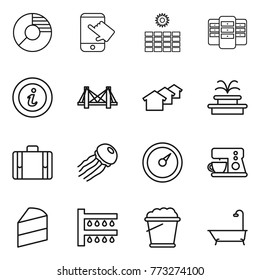 Thin line icon set : circle diagram, touch, sun power, server, info, bridge, houses, fountain, suitcase, jellyfish, barometer, coffee maker, cake, watering, foam bucket, bath