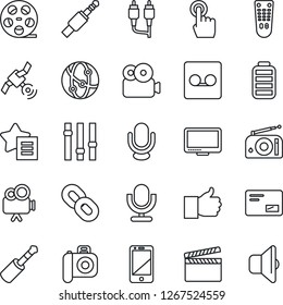 Thin Line Icon Set - clapboard vector, reel, camera, radio, satellite, settings, video, microphone, remote control, network, cell phone, touch screen, monitor, chain, finger up, favorites list, mail