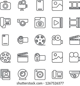 Thin Line Icon Set - Clapboard Vector, Film Frame, Reel, Camera, Video, Phone Back, Mobile, Gallery, Photo, Web, Intercome, Surveillance