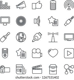 Thin Line Icon Set - clapboard vector, vinyl, antenna, news, speaker, loudspeaker, equalizer, video camera, remote control, network, monitor, finger up, favorites list, heart, battery, play button