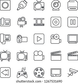 Thin Line Icon Set - clapboard vector, film frame, reel, tv, gamepad, video camera, play button, pause, rewind, rec, hdmi, record, web, intercome, surveillance