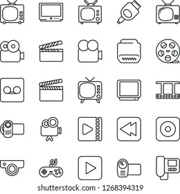 Thin Line Icon Set - clapboard vector, film frame, reel, tv, gamepad, video camera, play button, rewind, rec, hdmi, record, web, intercome