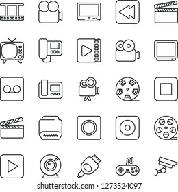 Thin Line Icon Set - clapboard vector, film frame, reel, tv, gamepad, video camera, play button, stop, rewind, rec, hdmi, record, web, intercome, surveillance