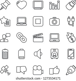 Thin Line Icon Set - clapboard vector, flame disk, camera, satellite, speaker, equalizer, tv, video, cell phone, laptop pc, chain, finger up, down, favorites list, heart, paper pin, battery, low