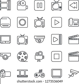 Thin Line Icon Set - clapboard vector, film frame, reel, tv, gamepad, video camera, play button, pause, stop, rewind, hdmi, record, web, intercome, surveillance