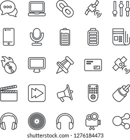 Thin Line Icon Set - clapboard vector, vinyl, flame disk, satellite, news, loudspeaker, settings, video camera, microphone, remote control, cell phone, dialog, headphones, monitor, laptop pc, chain