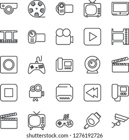 Thin Line Icon Set - clapboard vector, film frame, reel, tv, gamepad, video camera, play button, stop, rewind, hdmi, record, web, intercome, surveillance