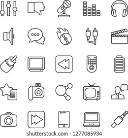 Thin Line Icon Set - clapboard vector, flame disk, camera, microphone, speaker, tv, settings, equalizer, remote control, cell phone, dialog, headphones, laptop pc, share, finger down, favorites list