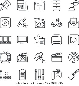 Thin Line Icon Set - clapboard vector, film frame, archive chest, camera, radio, antenna, satellite, news, tv, gamepad, settings, equalizer, speaker, monitor, favorites list, paper pin, battery