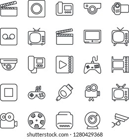 Thin Line Icon Set - clapboard vector, film frame, reel, tv, gamepad, video camera, stop button, hdmi, record, web, intercome, surveillance