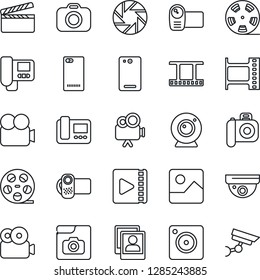Thin Line Icon Set - clapboard vector, film frame, reel, camera, video, phone back, mobile, gallery, photo, web, intercome, surveillance