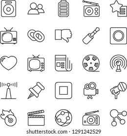 Thin Line Icon Set - clapboard vector, reel, flame disk, microphone, radio, antenna, news, tv, video camera, network, chain, speaker, group, finger down, favorites list, heart, paper pin, battery