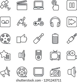 Thin Line Icon Set - clapboard vector, reel, radio, satellite, speaker, loudspeaker, tv, gamepad, remote control, touch screen, headphones, laptop pc, finger up, favorites list, battery, record