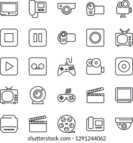 Thin Line Icon Set - clapboard vector, reel, tv, gamepad, video camera, play button, pause, stop, rec, hdmi, record, web, intercome, surveillance