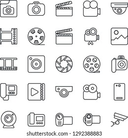 Thin Line Icon Set - clapboard vector, film frame, reel, camera, video, phone back, mobile, gallery, photo, web, intercome, surveillance