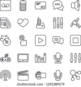 Thin Line Icon Set - clapboard vector, flame disk, antenna, satellite, news, gamepad, settings, equalizer, tv, video camera, microphone, touch screen, dialog, radio phone, heart, battery, mail, stop