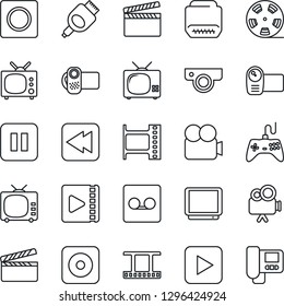 Thin Line Icon Set - clapboard vector, film frame, reel, tv, gamepad, video camera, play button, pause, rewind, rec, hdmi, record, web, intercome