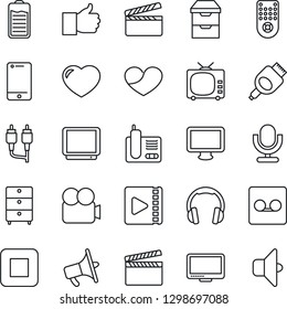 Thin Line Icon Set - clapboard vector, archive chest, loudspeaker, tv, video camera, microphone, remote control, cell phone, headphones, monitor, radio, finger up, heart, battery, stop button, rca