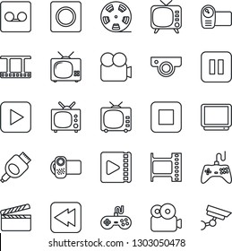 Thin Line Icon Set - clapboard vector, film frame, reel, tv, gamepad, video camera, play button, pause, stop, rewind, hdmi, record, web, surveillance