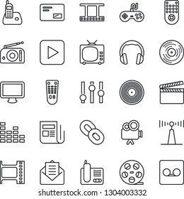 Thin Line Icon Set - clapboard vector, film frame, reel, vinyl, radio, antenna, news, tv, gamepad, settings, equalizer, video camera, remote control, headphones, monitor, phone, chain, mail, record