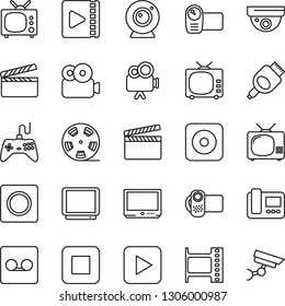 Thin Line Icon Set - clapboard vector, film frame, reel, tv, gamepad, video camera, play button, stop, rec, hdmi, record, web, intercome, surveillance
