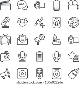 Thin Line Icon Set - clapboard vector, vinyl, camera, microphone, satellite, loudspeaker, tv, video, remote control, dialog, radio phone, speaker, group, favorites list, battery, low, mail, rca