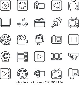 Thin Line Icon Set - clapboard vector, film frame, reel, tv, gamepad, video camera, play button, stop, rewind, rec, hdmi, record, web, intercome