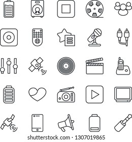 Thin Line Icon Set - clapboard vector, reel, vinyl, microphone, radio, satellite, loudspeaker, settings, tv, remote control, cell phone, speaker, group, favorites list, heart, battery, low, stop