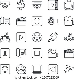 Thin Line Icon Set - clapboard vector, reel, tv, gamepad, video camera, play button, pause, stop, rewind, rec, hdmi, record, web, intercome, surveillance