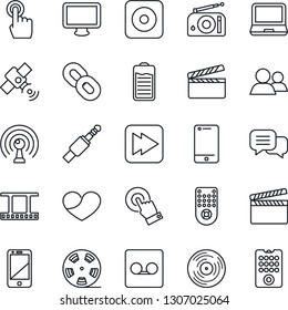 Thin Line Icon Set - clapboard vector, film frame, reel, vinyl, radio, antenna, satellite, remote control, cell phone, touch screen, dialog, monitor, laptop pc, chain, group, heart, battery, record