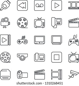 Thin Line Icon Set - clapboard vector, film frame, reel, tv, gamepad, video camera, play button, stop, rewind, hdmi, record, web, intercome, surveillance