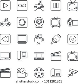 Thin Line Icon Set - clapboard vector, film frame, reel, tv, gamepad, video camera, play button, pause, rewind, rec, hdmi, record, web, intercome, surveillance