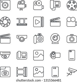Thin Line Icon Set - clapboard vector, film frame, reel, camera, video, phone back, mobile, gallery, photo, web, intercome, surveillance