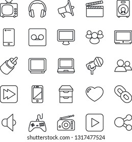 Thin Line Icon Set - clapboard vector, microphone, radio, speaker, loudspeaker, tv, gamepad, cell phone, headphones, monitor, laptop pc, chain, group, heart, play button, fast forward, rca, record