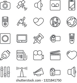 Thin Line Icon Set - clapboard vector, camera, antenna, satellite, news, speaker, loudspeaker, settings, tv, video, remote control, network, cell phone, heart, paper pin, hdmi, record, sound