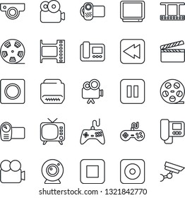 Thin Line Icon Set - clapboard vector, film frame, reel, tv, gamepad, video camera, pause button, stop, rewind, rec, hdmi, record, web, intercome, surveillance