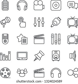 Thin Line Icon Set - clapboard vector, reel, microphone, speaker, tv, settings, equalizer, video camera, remote control, touch screen, dialog, headphones, group, favorites list, paper pin, battery