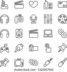 Thin Line Icon Set - clapboard vector, reel, camera, tv, gamepad, settings, video, microphone, touch screen, headphones, laptop pc, radio phone, chain, speaker, heart, paper pin, mail, hdmi